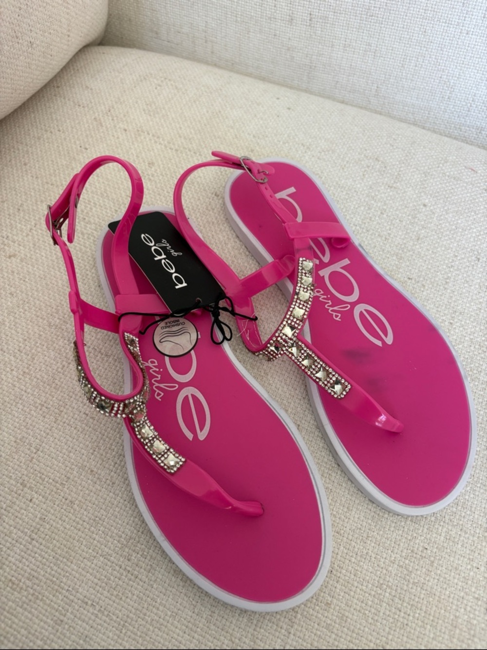 bebe Hot Pink Jeweled T-Strap Sandals